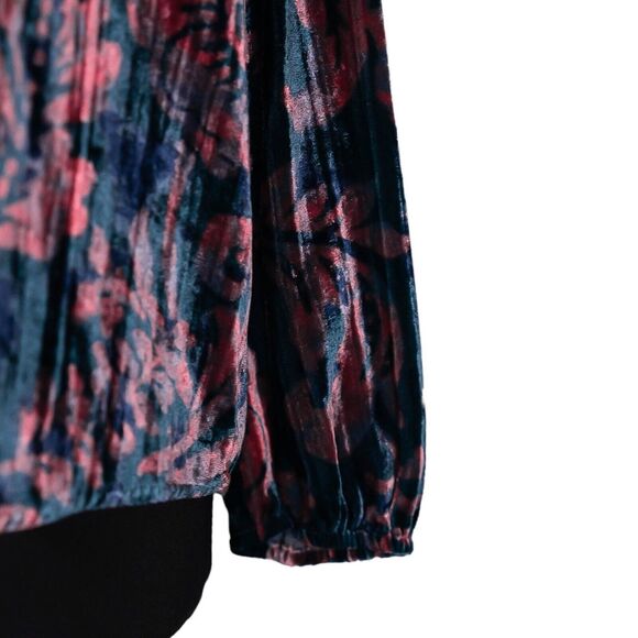 Anthropologie Women's Blouse Teal Peach Floral Velvet Oversized Tie Front Top L - Picture 10 of 10